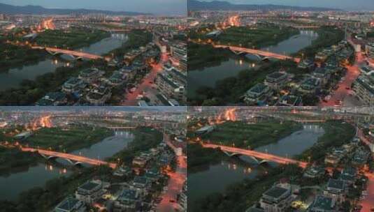 义乌江滨绿廊园林景观夜景航拍高清在线视频素材下载