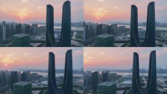 航拍夕阳下的杭州奥体博览城4高清在线视频素材下载