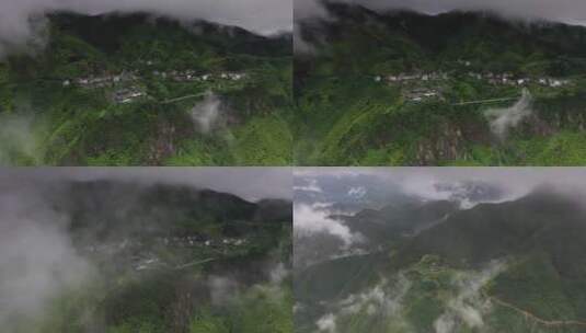 航拍江南高山云雾缭绕小山村高清在线视频素材下载