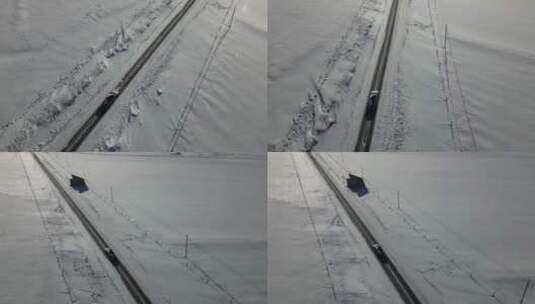 冬季雪天内蒙乌兰布统塞罕坝草原公路4K航拍高清在线视频素材下载