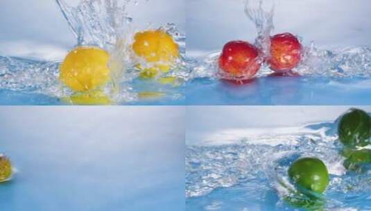 可商用各种水果在水中相撞，碰撞水花高清在线视频素材下载