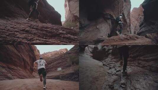 男子峡谷探索徒步奔跑高清在线视频素材下载