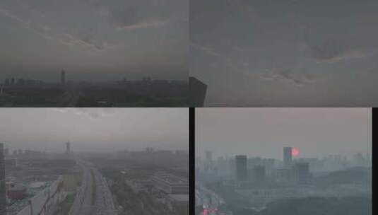 武汉清晨太阳慢慢升起雾色缭绕的城市航拍高清在线视频素材下载