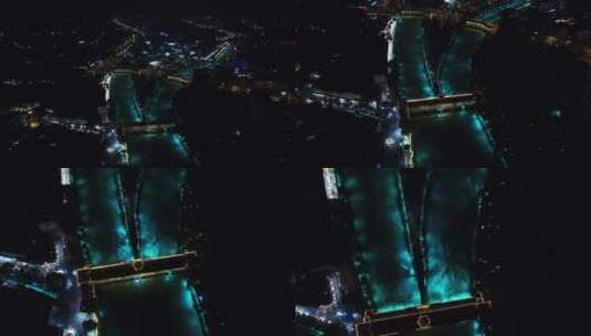 都江堰夜景前飞俯瞰南桥岷江蓝色眼泪高清在线视频素材下载