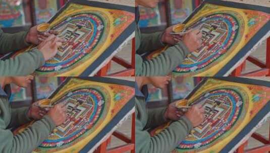 画布上绘制传统彩色唐卡的特写高清在线视频素材下载