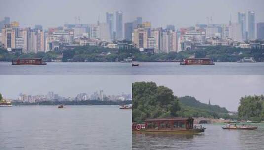 江南西湖 游船 划船 旅游 城市建筑 周末高清在线视频素材下载