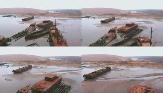 海港被毁船只的鸟瞰图高清在线视频素材下载
