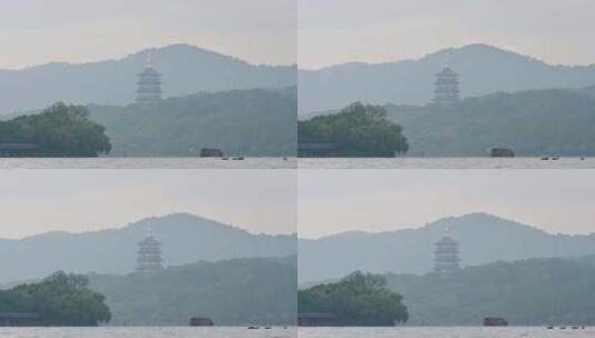 立冬早晨杭州西湖水面游船与雷峰塔水墨画高清在线视频素材下载