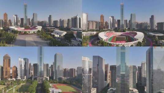 广州珠江新城中轴线地标建筑清晨航拍高清在线视频素材下载