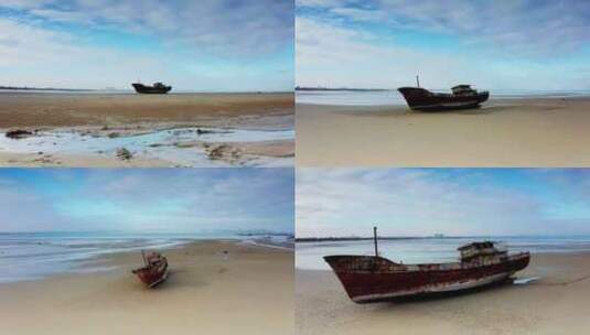 泉州深沪湾海边的一艘破船航拍视频合集高清在线视频素材下载