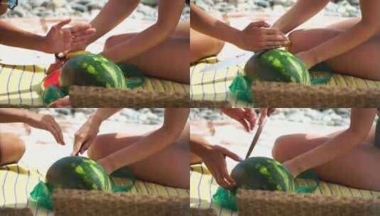 女人甜瓜海滩女士切片多汁水果沙滩位置晴天高清在线视频素材下载