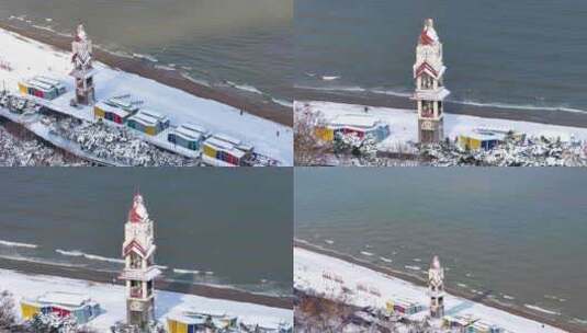 4K航拍烟台海边雪景高清在线视频素材下载