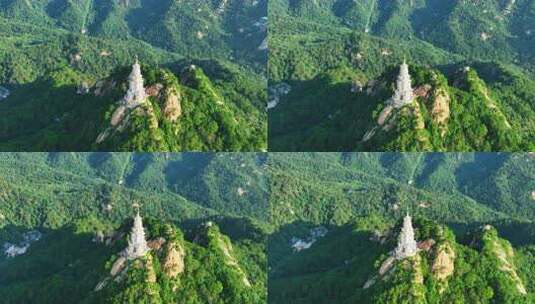 航拍千山绿色山林和大佛寺塔高清在线视频素材下载