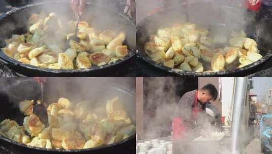 用锅铲翻炒正在烹饪的食物 煎包高清在线视频素材下载