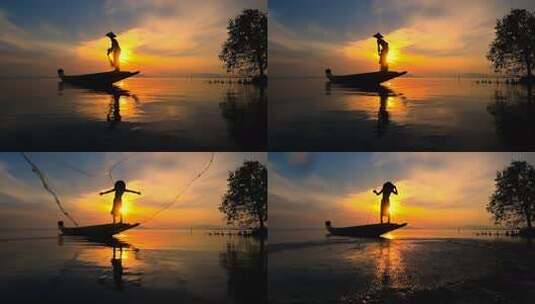 夕阳下湖面渔船与渔夫剪影高清在线视频素材下载