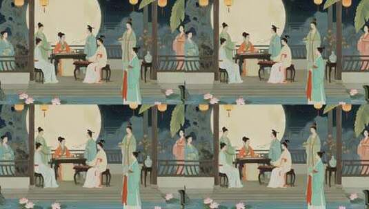 古风女子月夜庭院聚会场景高清在线视频素材下载