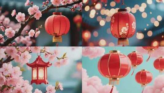 红色灯笼点缀粉色梅花梦幻仙境高清在线视频素材下载