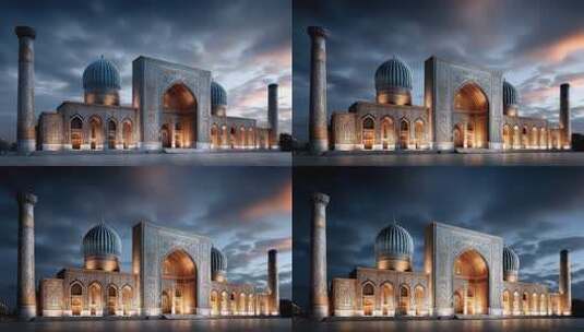 夜幕下的中亚古建筑群充满神秘色彩高清在线视频素材下载