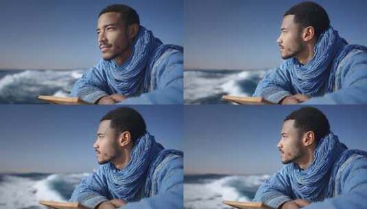 蔚蓝海面上男子眺望远方思索未来高清在线视频素材下载