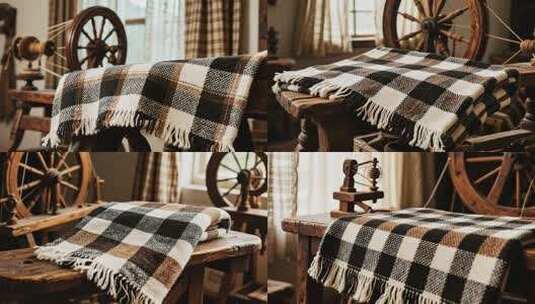 复古织布机与格子布料高清在线视频素材下载