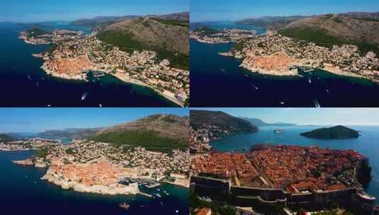欧洲克罗地亚杜布罗夫尼克古城欧洲航拍船高清在线视频素材下载