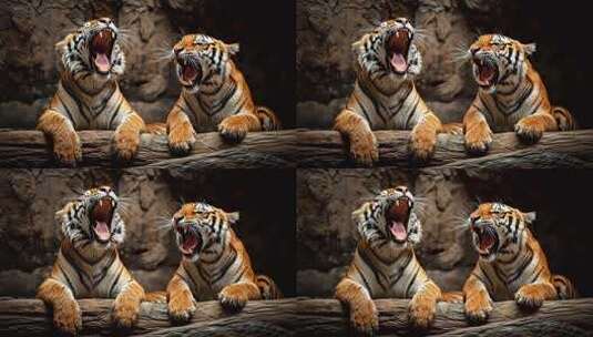 两只老虎趴木头上张嘴画面高清在线视频素材下载