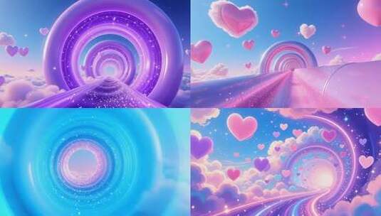 浪漫梦幻爱心云朵天空虚拟隧道穿梭合集4K高清在线视频素材下载
