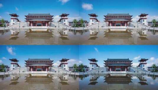 汉中华阳景区古代建筑水面倒影延时高清在线视频素材下载