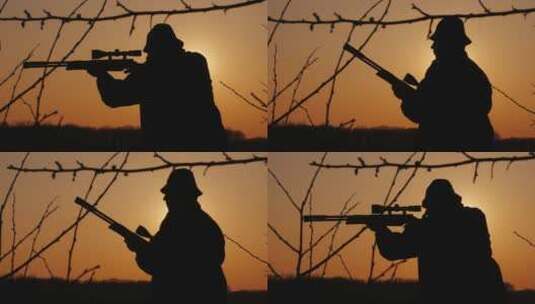 黄昏拿着枪的猎人剪影高清在线视频素材下载