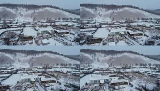 航拍大兴安岭林场山村人家雪景高清在线视频素材下载