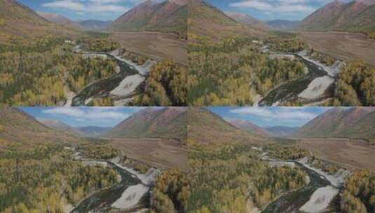 秋天的新疆阿勒泰禾木河流田园乡村风光高清在线视频素材下载