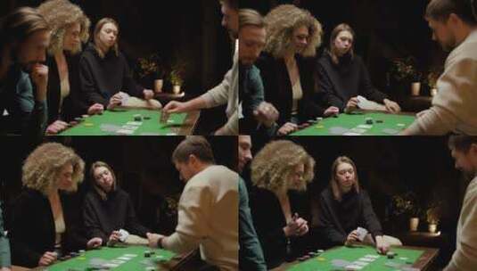 一群朋友坐在家里桌子上玩扑克高清在线视频素材下载
