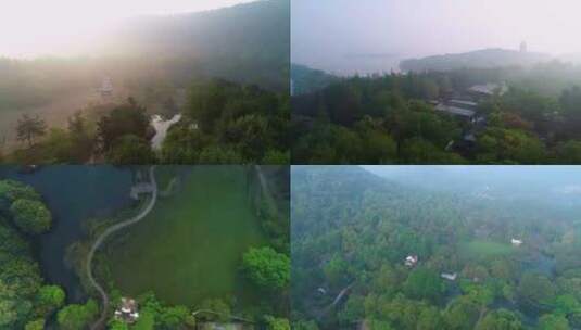 4K航拍杭州西湖太子湾公园早晨雾景视频合集高清在线视频素材下载