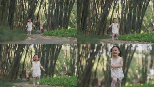 小女孩快乐奔跑在公园竹林小径高清在线视频素材下载