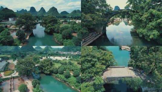桂林遇龙河多镜头富里桥航拍高清在线视频素材下载