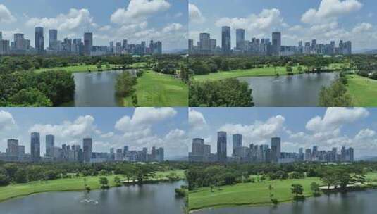 深圳沙河高尔夫科技园蓝天白云航拍高清在线视频素材下载