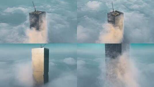 航拍扬州金奥中心大楼平流雾云层高清在线视频素材下载