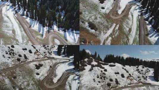新疆伊犁库尔德宁大气壮观雪山公路丛林景色高清在线视频素材下载