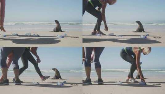 运动妇女在海滩上打扫卫生高清在线视频素材下载