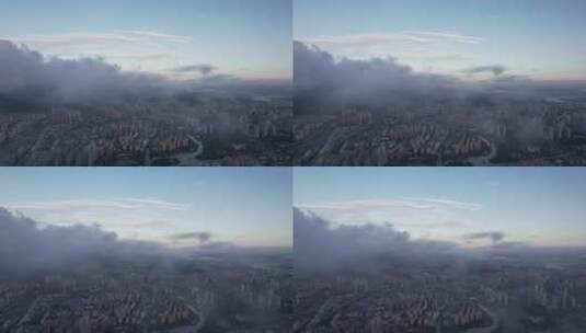 城市清晨云雾缭绕日出温州航拍高清在线视频素材下载