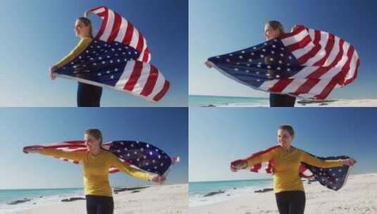 海滩上举着美国国旗的女人高清在线视频素材下载