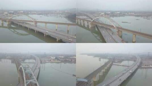 航拍武汉高铁交叉桥远处城镇高清在线视频素材下载