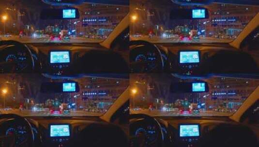 夜间开车行驶在城市道路视角高清在线视频素材下载