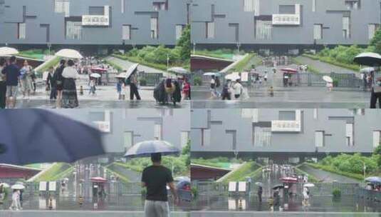 4K广东省博物馆阴雨天台风天建筑游客高清在线视频素材下载