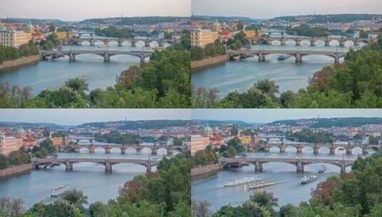 布拉格的桥梁，包括著名的查理大桥在维塔瓦河高清在线视频素材下载