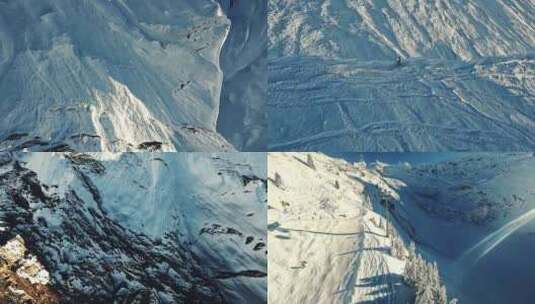 FPV穿越机无人机航拍滑雪雪山滑雪场阳光高清在线视频素材下载