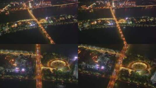 长沙夜景橘子洲大桥湘江车流交通航拍立交桥高清在线视频素材下载