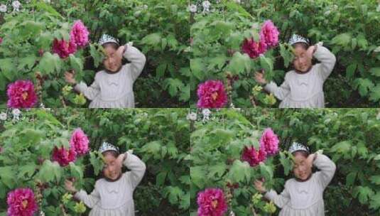 牡丹花丛中的可爱女孩 赏花闻花玩耍笑容高清在线视频素材下载
