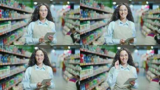 一个非常友好的女售货员的肖像看着相机微笑高清在线视频素材下载
