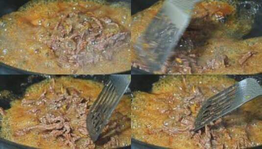 中餐家常菜烹饪酱油炒肉丝锅热气美食高清在线视频素材下载